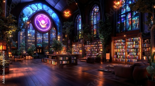 Repurposed church turned into modern bookstore  in a vibrant, highcontrast shot with dramatic lighting highlighting the blend of historical architecture and contemporary design photo