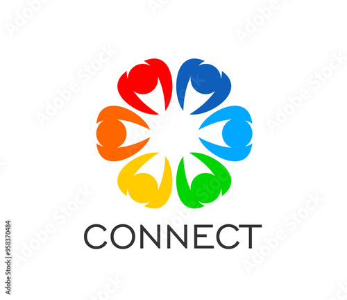 Family connect people together icon, teamwork or union and community. Vector emblem, vibrant flower of interconnected human figures, symbolizing unity, diversity, team collaboration and relationships