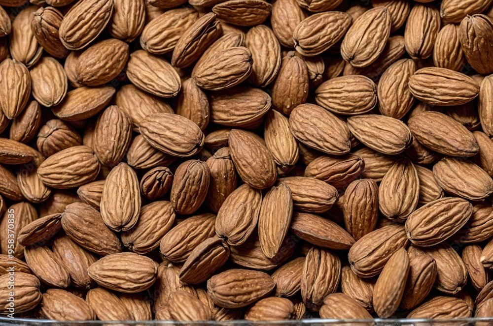Close-up of a pile of shelled almonds, showing their brown, textured skin and elongated shape Close-up of a pile of shelled almonds, showing their brown, textured skin and elongated shape