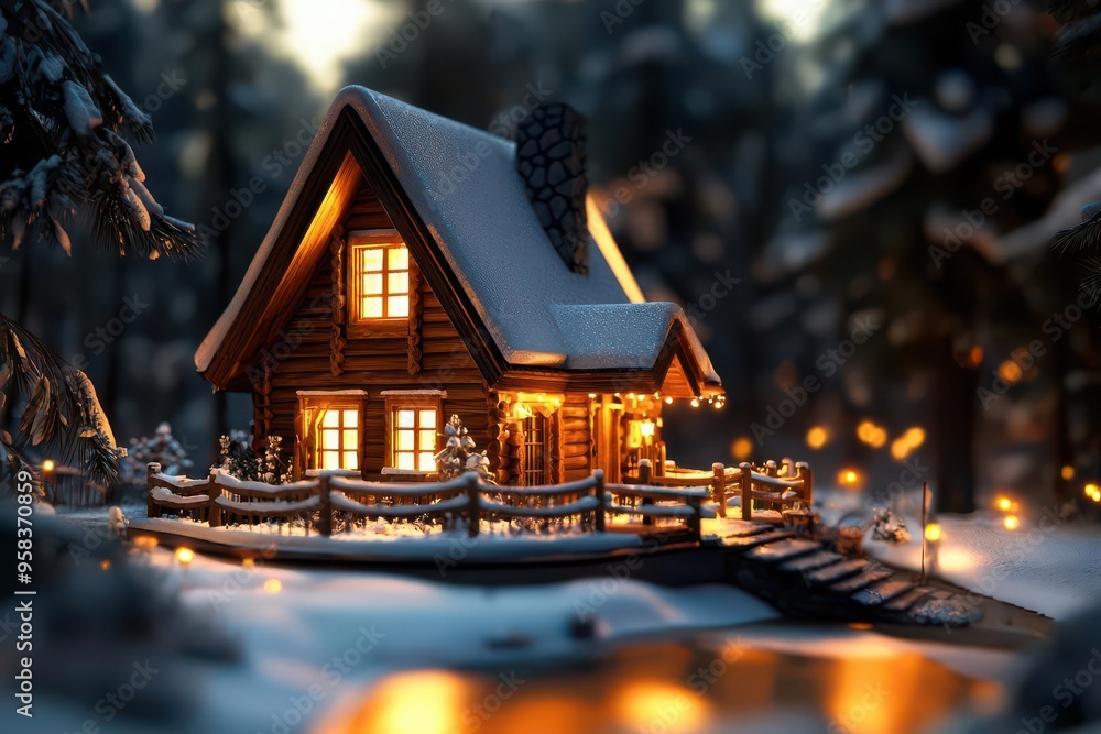 Traditional Russian wooden dacha in snowy forest in a serene, wintry setting with soft snow blanketing the ground and warm light emanating from the cozy, rustic cabin Traditional Russian wooden dacha in snowy forest in a serene, wintry setting with soft snow blanketing the ground and warm light emanating from the cozy, rustic cabin