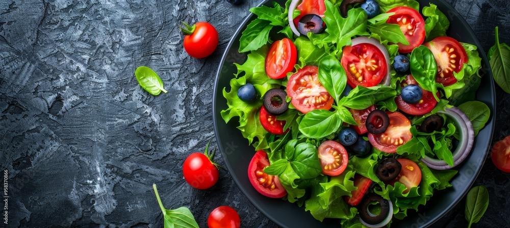 Fresh Summer Salad With Blueberries, Tomatoes, Onions, Greens. Healthy Eating. Vegetarian Food. Fresh Summer Salad With Blueberries, Tomatoes, Onions, Greens. Healthy Eating. Vegetarian Food.