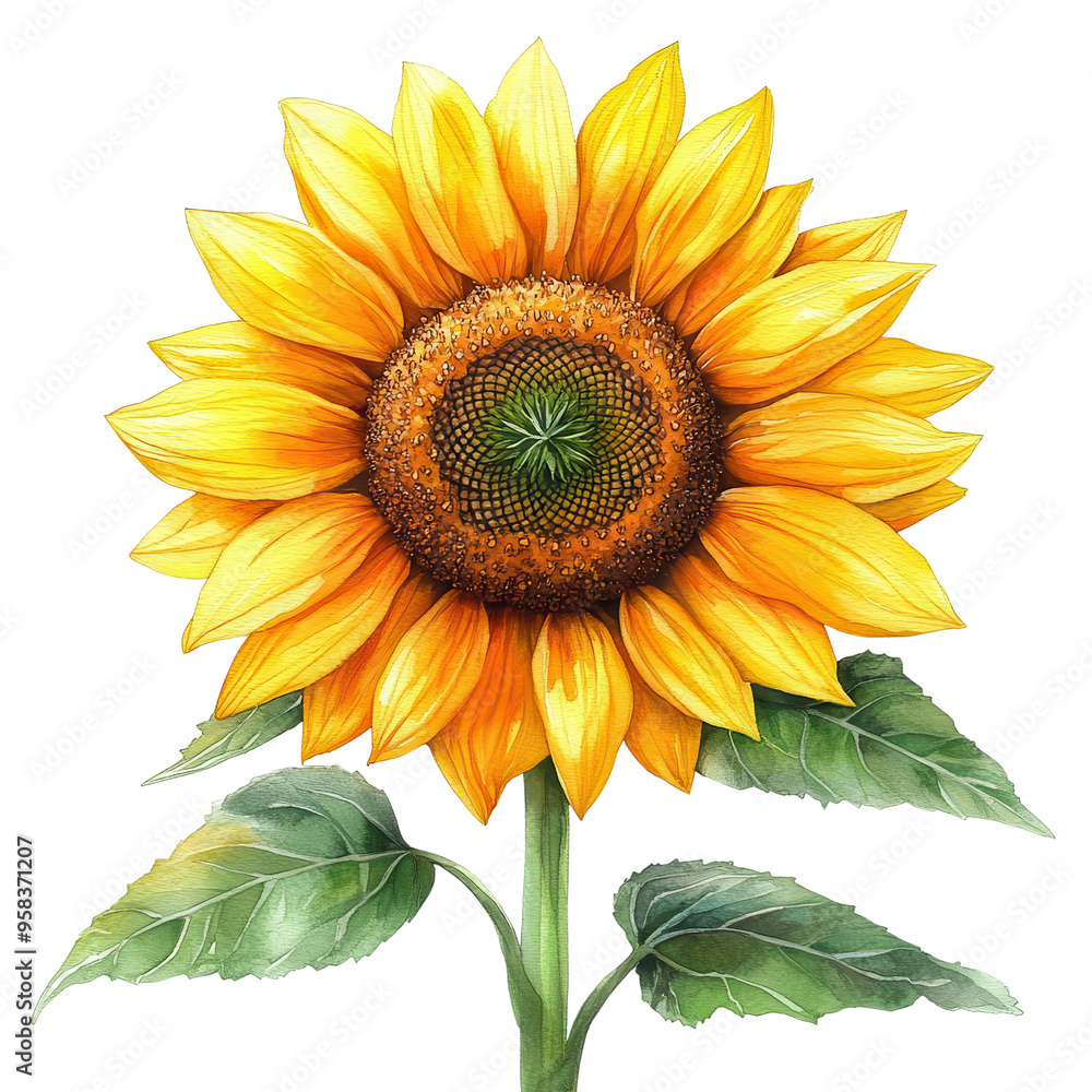 A vibrant sunflower with bright yellow petals and green leaves, radiating warmth and summer joy. A vibrant sunflower with bright yellow petals and green leaves, radiating warmth and summer joy.