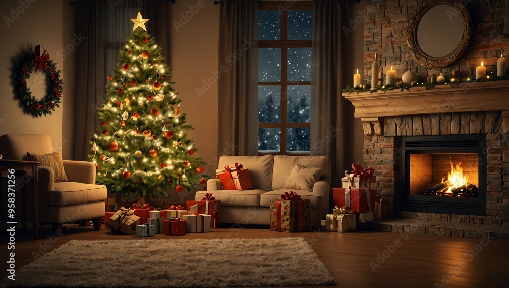 Christmas Tree with Decorations Near a Fireplace with Lights Christmas Tree with Decorations Near a Fireplace with Lights