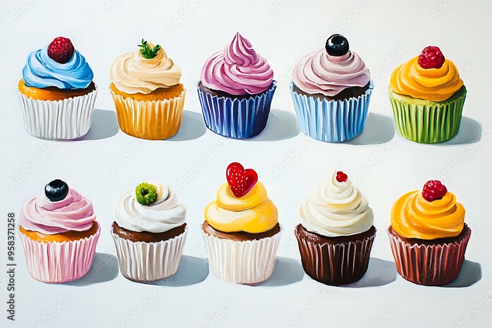 A Row of Colorful Cupcakes - Dessert Painting. A Row of Colorful Cupcakes - Dessert Painting.