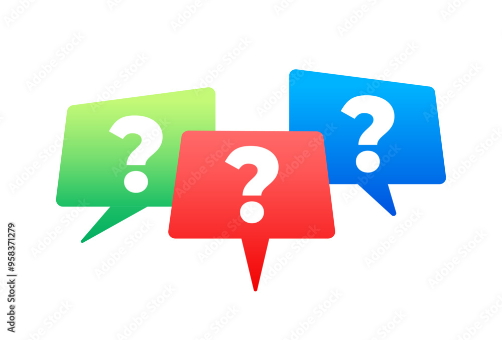 Three speech bubbles with question marks are floating, representing brainstorming and problem solving Three speech bubbles with question marks are floating, representing brainstorming and problem solving