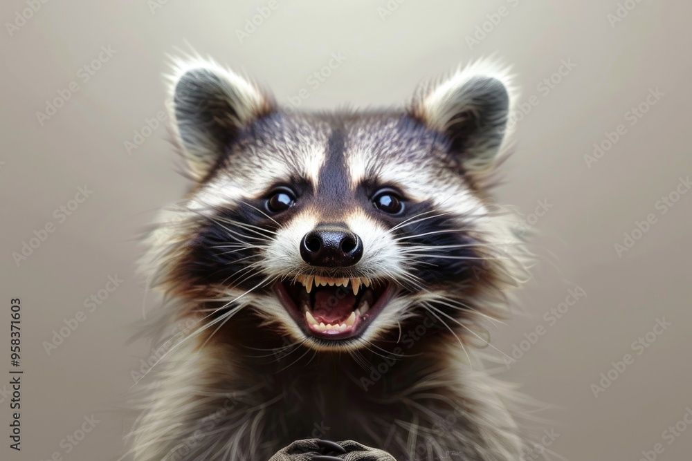 Close-up of a Happy Raccoon with Open Mouth and Glowing Eyes in Natural Light Close-up of a Happy Raccoon with Open Mouth and Glowing Eyes in Natural Light