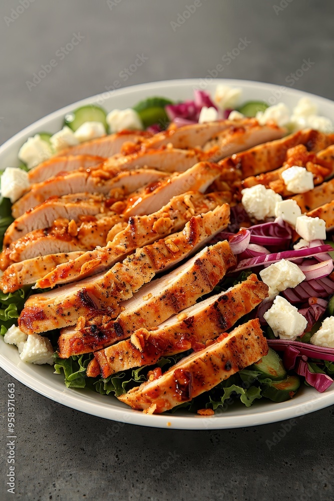 Grilled Chicken Salad with Feta Cheese, Cucumbers, and Radicchio on White Plate, Close Up Grilled Chicken Salad with Feta Cheese, Cucumbers, and Radicchio on White Plate, Close Up