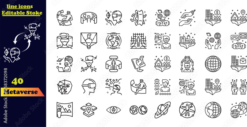 Outline icon set for the Metaverse. This collection includes icons representing Virtual Reality (VR), the digital world, Earth, the Metaverse concept, futuristic elements, and more.