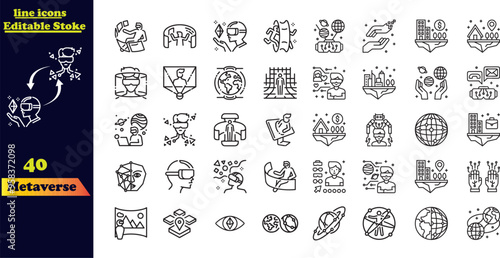 Outline icon set for the Metaverse. This collection includes icons representing Virtual Reality (VR), the digital world, Earth, the Metaverse concept, futuristic elements, and more.