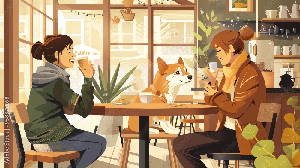 Show a woman and her dog in a dog-friendly with the woman sipping a coffee while the dog enjoys a treat and both interact with other pet lovers Show a woman and her dog in a dog-friendly with the woman sipping a coffee while the dog enjoys a treat and both interact with other pet lovers