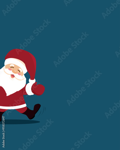 Joyful Santa Claus peeking out from the side of the picture isolated on blue background. Wishing Merry Christmas and Happy New Year! Vector cute character with holiday vibes