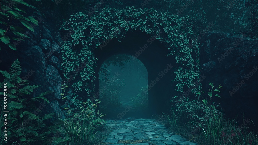 Mysterious stone archway draped in lush greenery and mist, inviting exploration into a hidden path. Mysterious stone archway draped in lush greenery and mist, inviting exploration into a hidden path.