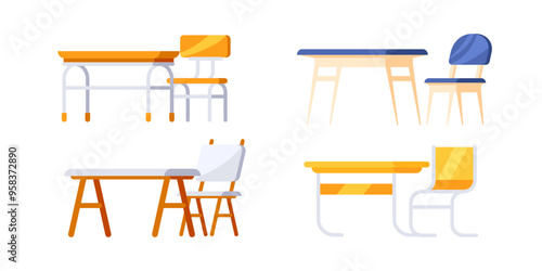 Set of school desks with chairs being used by pupils and students in a classroom or at home