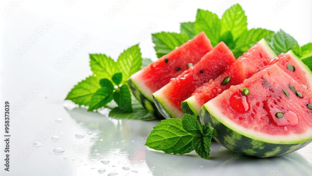Vibrant and refreshing watermelon slices with leaves and water droplets in artistic arrangement, watermelon, slices Vibrant and refreshing watermelon slices with leaves and water droplets in artistic arrangement, watermelon, slices