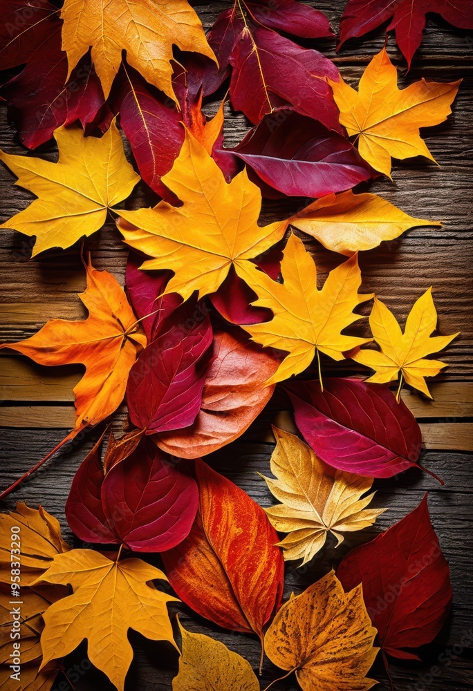Obraz premium vibrant autumn leaves scattered rustic wooden background creating colorful natural display, colors, nature, foliage, textures, season, orange, yellow, brown