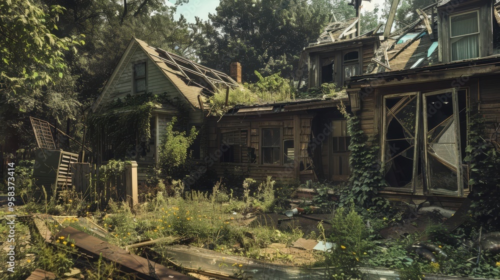 Show an old, broken house with shattered glass and a partially collapsed roof. Show an old, broken house with shattered glass and a partially collapsed roof.