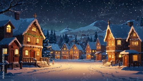 Christmas village with Snow in vintage style. Winter Village Landscape. Christmas Holidays. Christmas Card