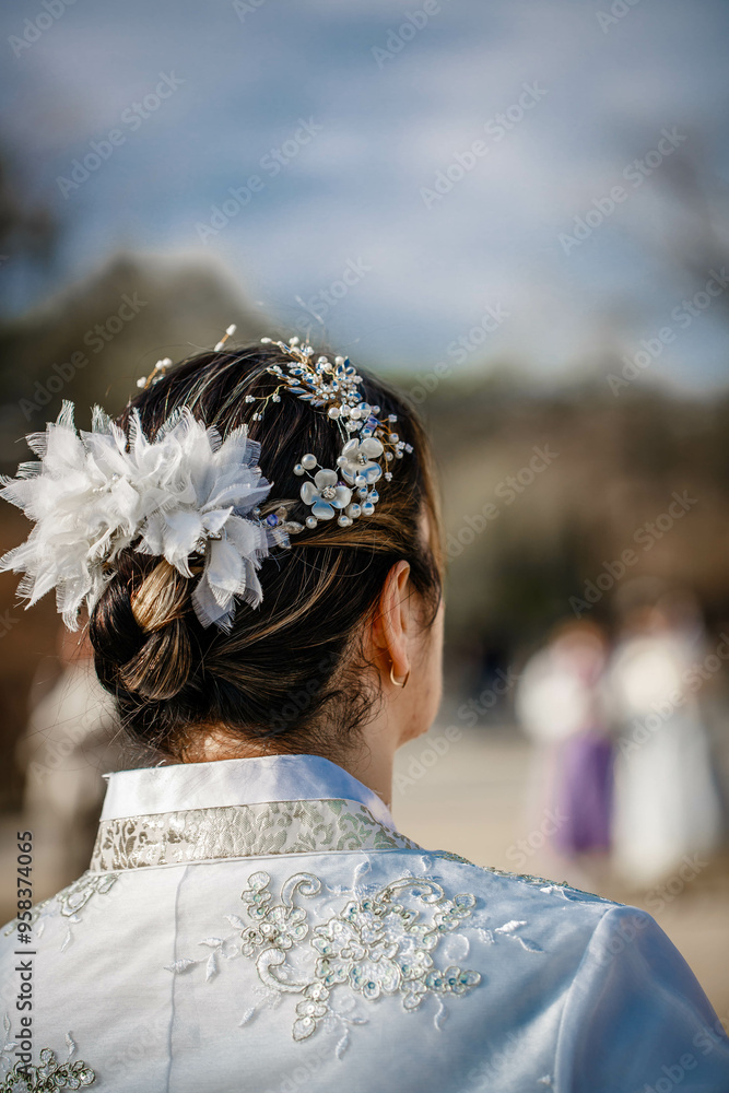 Picture of traditional Korean hairstyle for festive occasions. A girl dressed in a classic ethnic dress standing outdoor, view from the back.