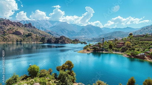 Show the breathtaking view of Lake surrounded by mountainous terrain and traditional Berber villages photo