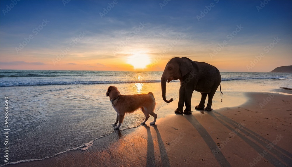 Peaceful Bonds: A Serene Evening with an Elephant and Dog at the Seaside Peaceful Bonds: A Serene Evening with an Elephant and Dog at the Seaside