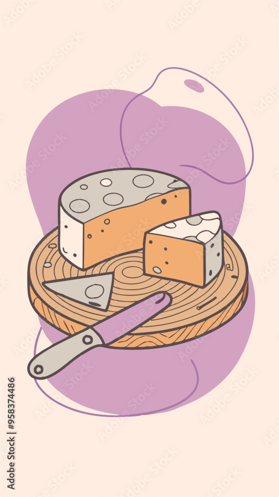 Pastel cheese delight: gouda and swiss on a rustic board ideal for food illustrations, recipe books, or kitchen decor showcasing various cheese types. Pastel cheese delight: gouda and swiss on a rustic board ideal for food illustrations, recipe books, or kitchen decor showcasing various cheese types.