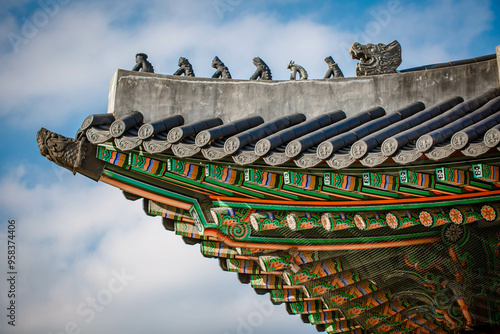 Gyeongbokgung Palace is the palace of Joseon Dynasty. Roof.  South Korea. Seoul . Architecture of Korea