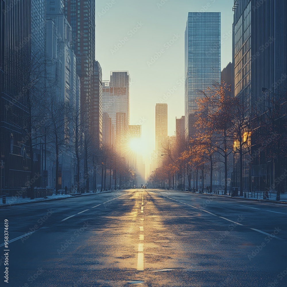 Pristine Empty Road Through Modern Cityscape at Morning Light Pristine Empty Road Through Modern Cityscape at Morning Light