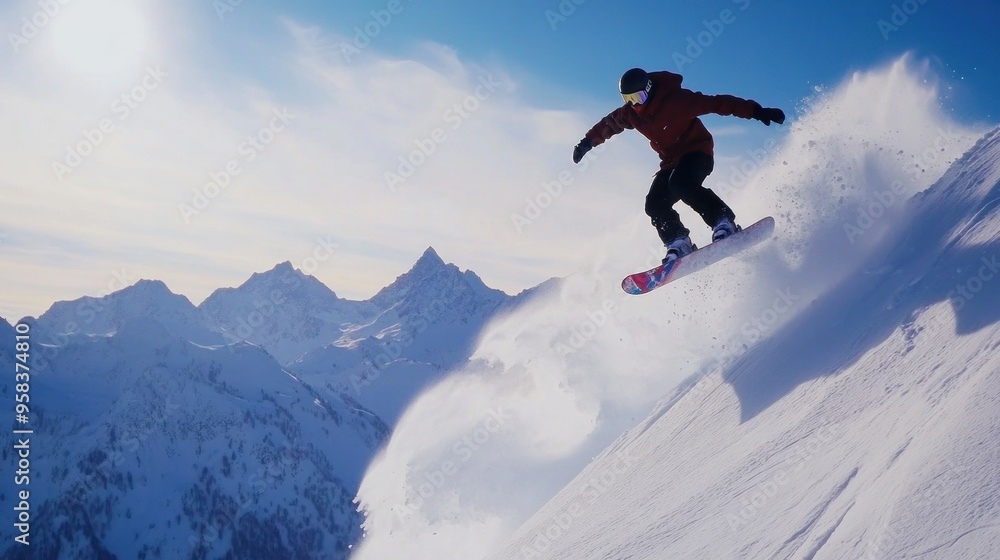 Snowboarder Soaring Over Majestic Mountains Snowboarder Soaring Over Majestic Mountains