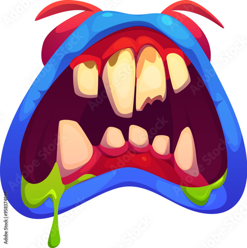 Halloween monster wide-open mouth with drool jaws, dripping saliva and exaggerated sharp teeth. Isolated cartoon vector eerie zombie, alien, devil maw with scary dripping slime, blue lips and red gums