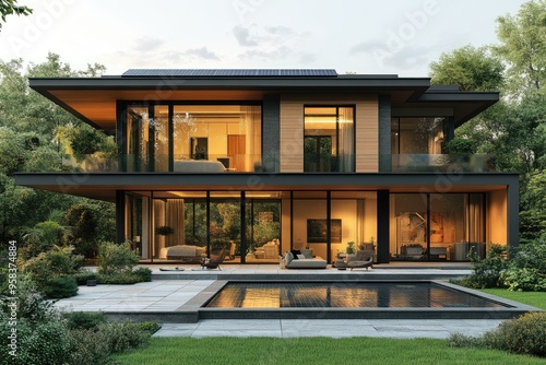 A modern two-story house with solar panels on the roof, large glass windows and doors, an outdoor swimming pool in front of it. Created with Ai