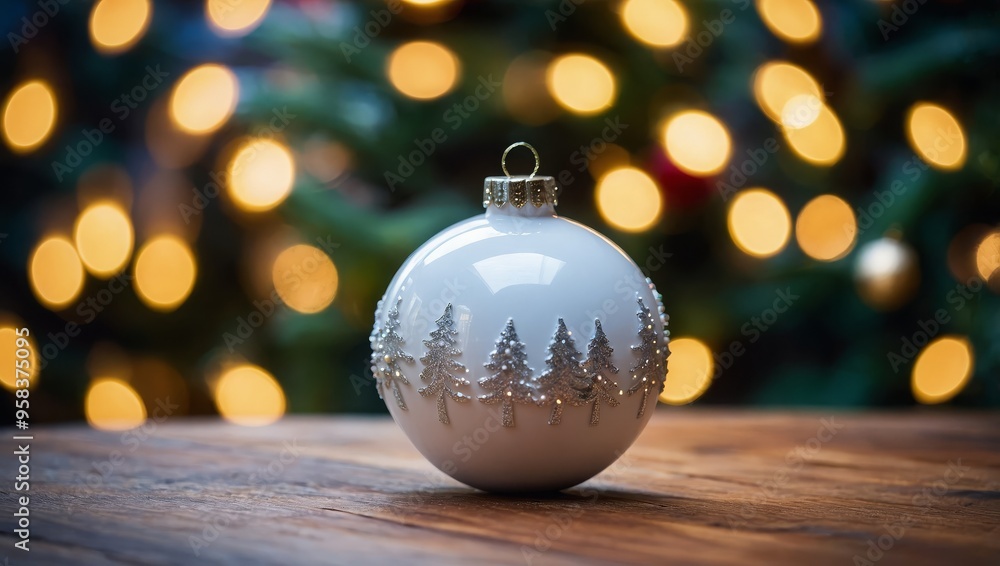 Fototapeta premium Christmas white glossy round bauble ornament on wooden table with christmas tree decoration and blurred bokeh lights background
