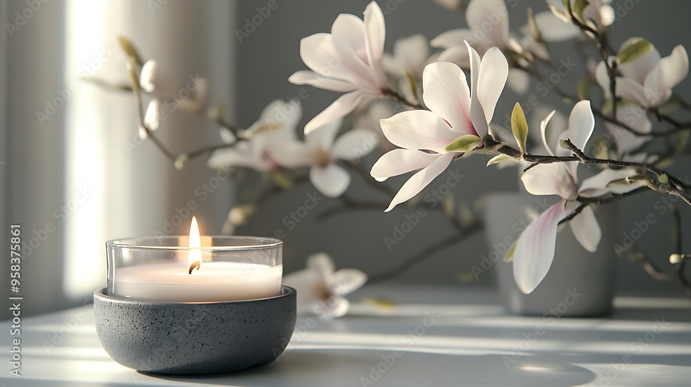 A Lit Candle with Magnolia Blossoms A Lit Candle with Magnolia Blossoms