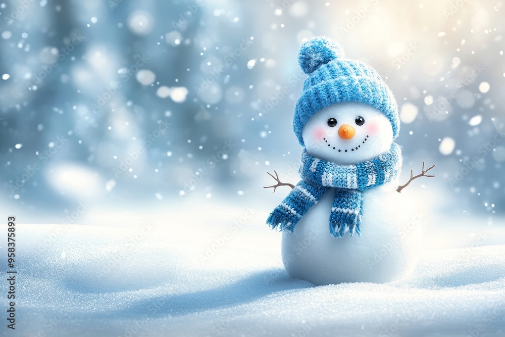 Cheerful Snowman in Snowy Landscape Winter Wonderland Scene Embraces the Holiday Spirit Cheerful Snowman in Snowy Landscape Winter Wonderland Scene Embraces the Holiday Spirit