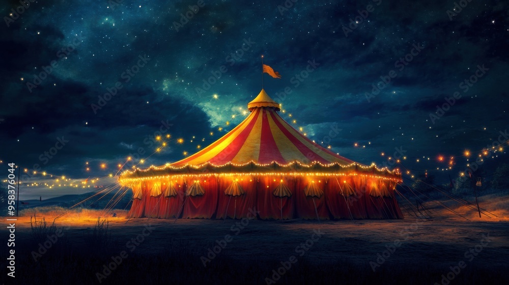 Vibrant Red and Yellow Circus Tent Featuring Magical Illumination with Dazzling Lights and Enchanting Atmosphere. Template for background, banner, card, poster Vibrant Red and Yellow Circus Tent Featuring Magical Illumination with Dazzling Lights and Enchanting Atmosphere. Template for background, banner, card, poster