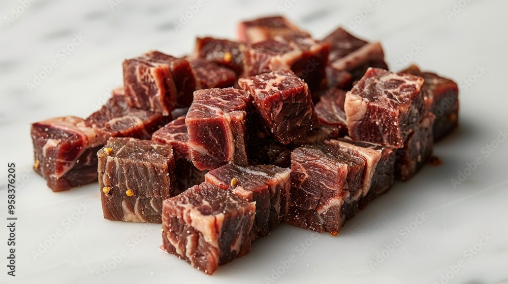 Close-up of raw, diced beef cubes on a white marble surface. Close-up of raw, diced beef cubes on a white marble surface.