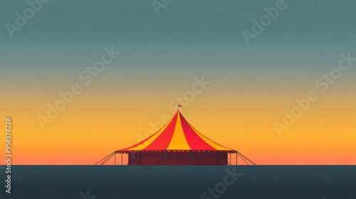 Vibrant Red and Yellow Circus Tent Featuring Magical Illumination with Dazzling Lights and Enchanting Atmosphere. Template for background, banner, card, poster