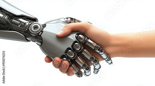 Close-up of a robot hand shaking hands with a human hand, symbolizing collaboration between humans and artificial intelligence photo