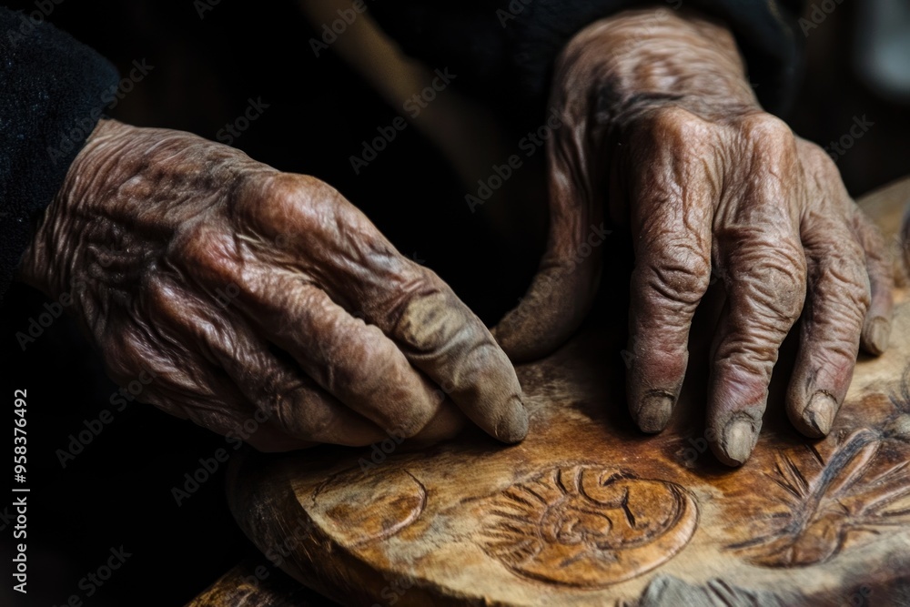 Close-up of Wrinkled Hands on a Wooden Surface Close-up of Wrinkled Hands on a Wooden Surface