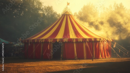 Vibrant Red and Yellow Circus Tent Featuring Magical Illumination with Dazzling Lights and Enchanting Atmosphere. Template for background, banner, card, poster