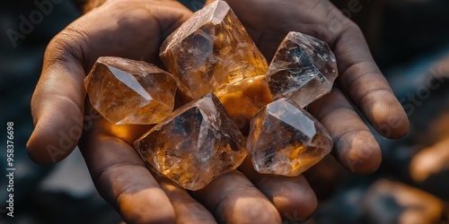 Close-up of raw uncut diamonds held in a miner's hand, showcasing diverse skin tones against a blurred background photo