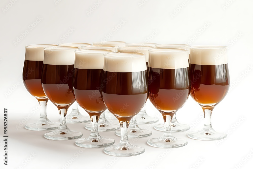 Ten Glasses of Brown Ale with Creamy Foam. Ten Glasses of Brown Ale with Creamy Foam.