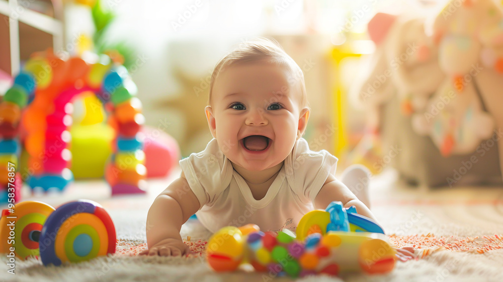 Kid is crawling on floor with toys and smiling at camera. Baby portrait Kid is crawling on floor with toys and smiling at camera. Baby portrait