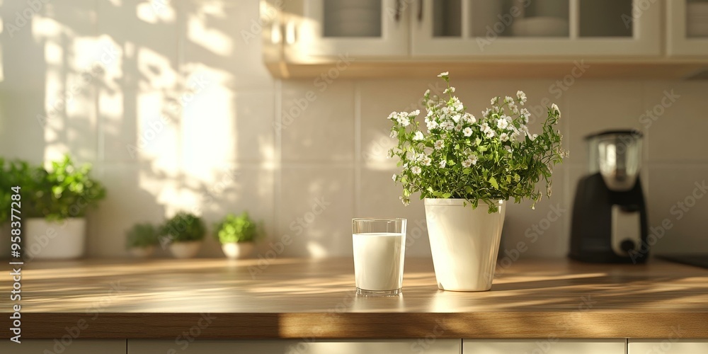 Milk in glass, potted flowers, kitchen counter. Milk in glass, potted flowers, kitchen counter.