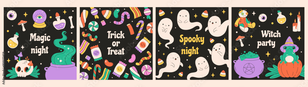 Fototapeta premium Happy Halloween greeting cards, posters, banners. Vector illustration in flat style