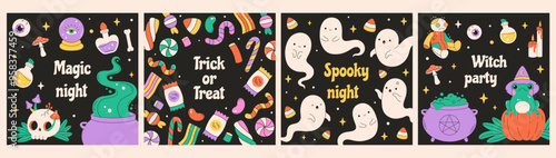 Happy Halloween greeting cards, posters, banners. Vector illustration in flat style