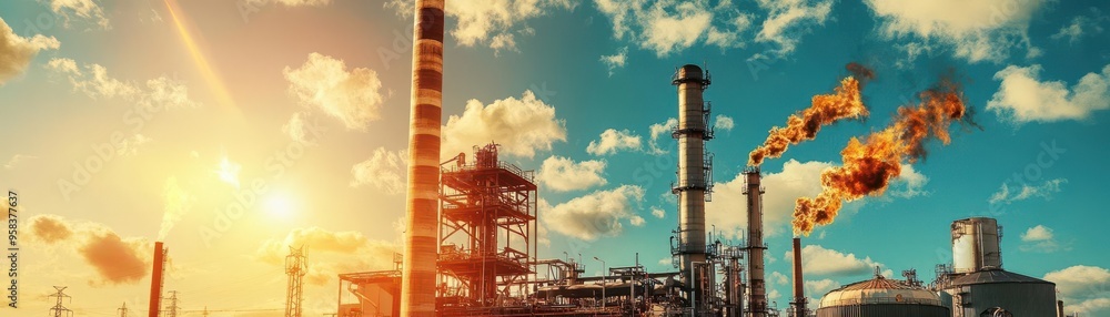Industrial plant with smoke stacks against a cloudy sky. Industrial plant with smoke stacks against a cloudy sky.