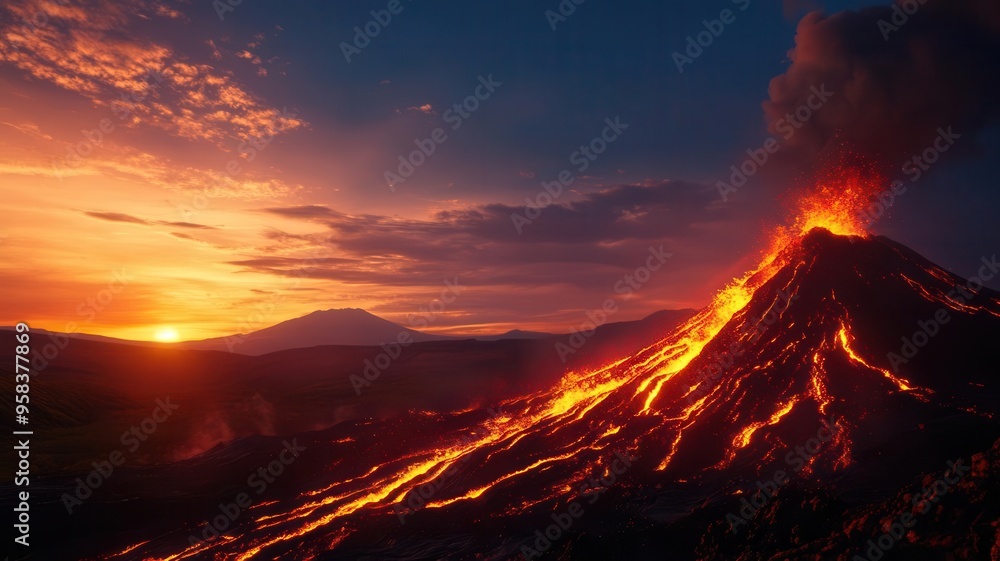 Breathtaking volcanic eruption at sunset, showcasing glowing lava flows against a dramatic sky with vibrant colors. Breathtaking volcanic eruption at sunset, showcasing glowing lava flows against a dramatic sky with vibrant colors.