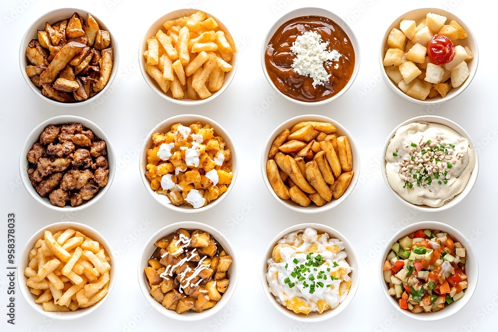 Variety of Appetizers in White Bowls on White Background. Variety of Appetizers in White Bowls on White Background.