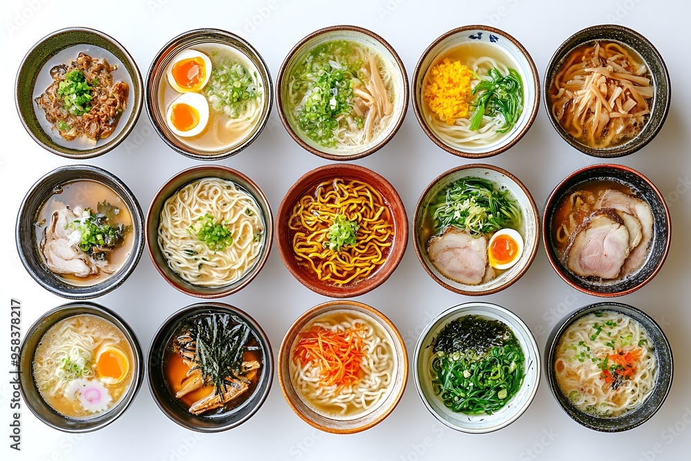 Assortment of Japanese Ramen Noodle Bowls with Various Toppings. Assortment of Japanese Ramen Noodle Bowls with Various Toppings.