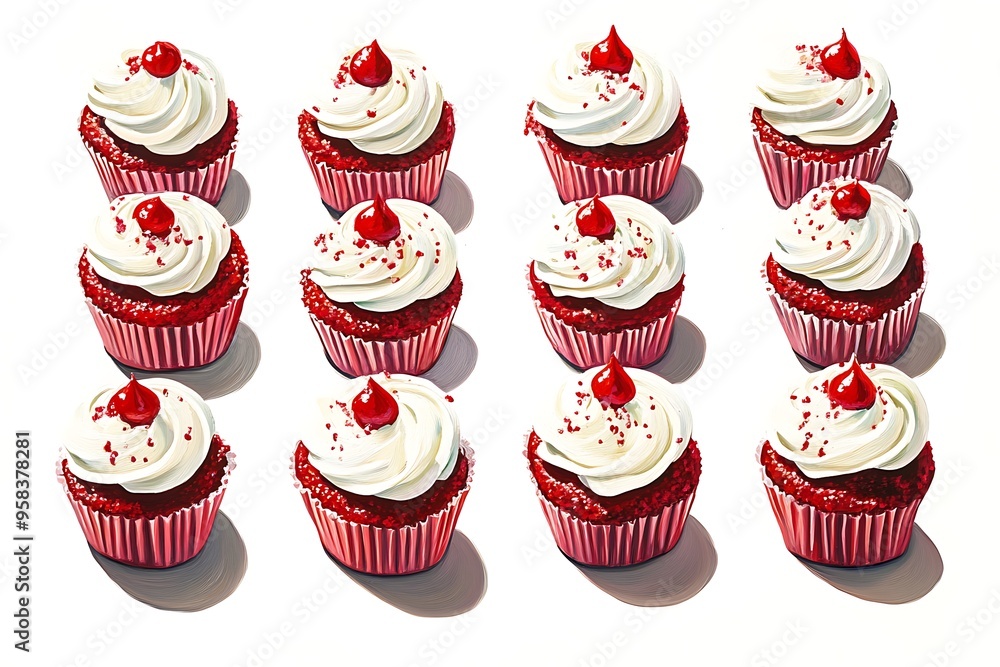 A Dozen Red Velvet Cupcakes with White Frosting and Red Cherries. A Dozen Red Velvet Cupcakes with White Frosting and Red Cherries.